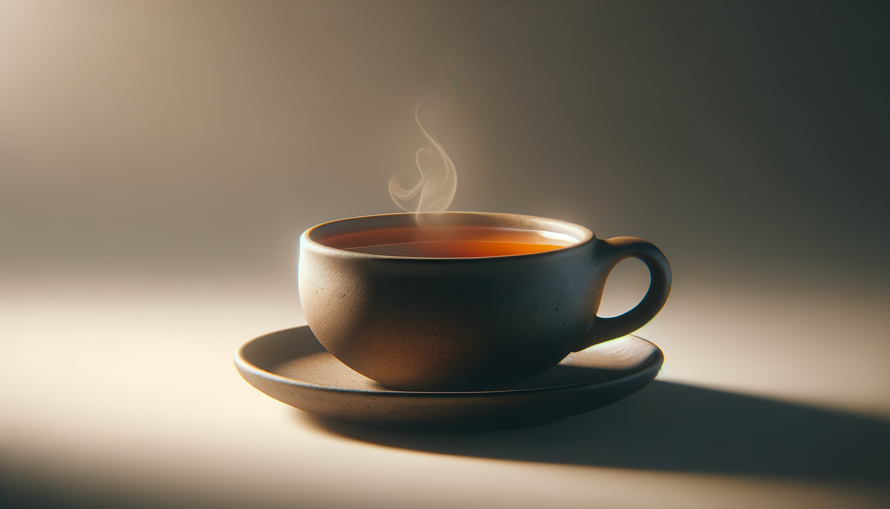 A steaming cup of tea on a matching saucer with soft lighting and a blurred background.
