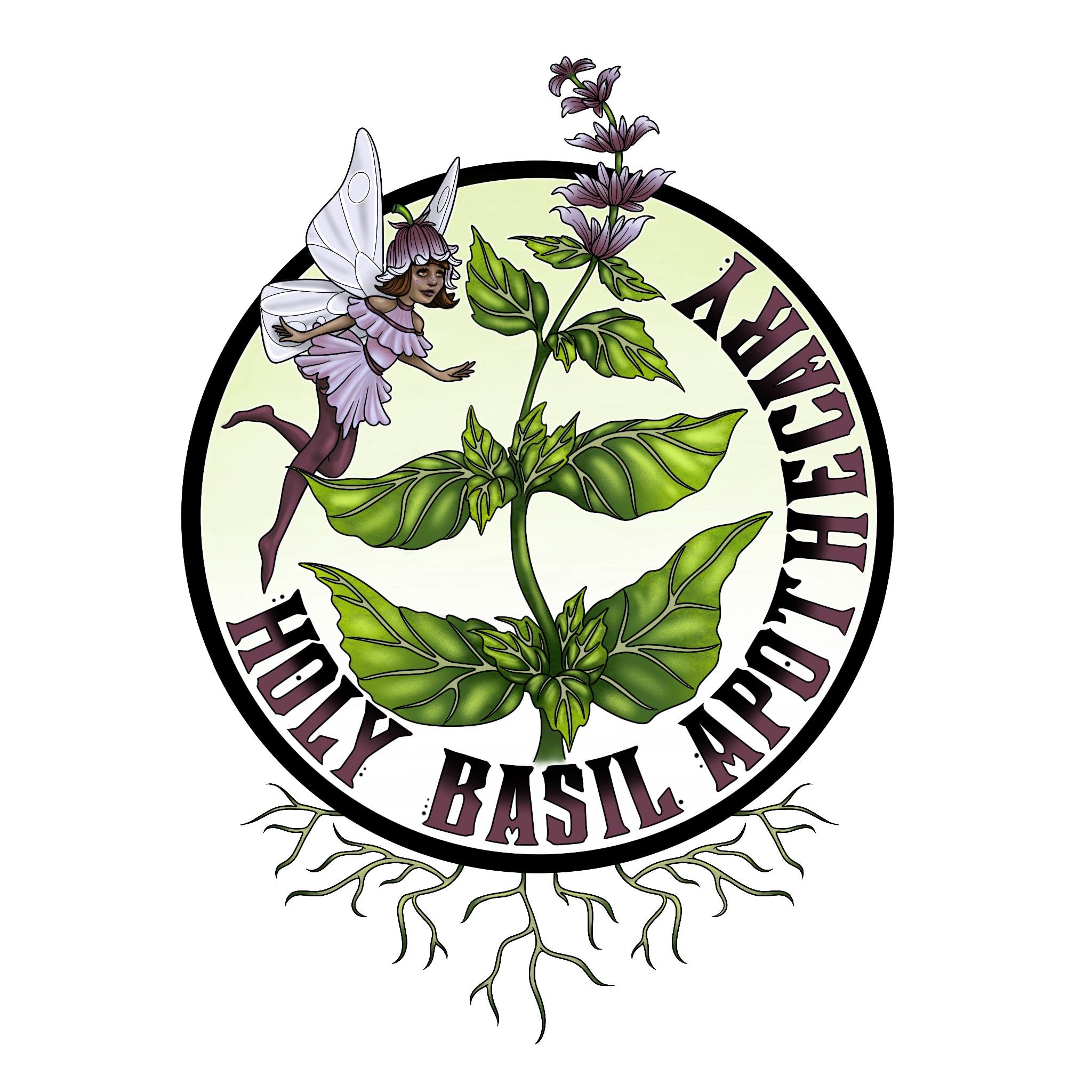 A logo featuring a basil plant with a fairy with purple wings and a purple dress flying over the basil, with text around the plant that reads 'Holy Basil Apothecary.'