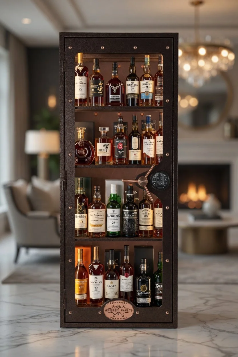 A showcase containing various bottles of whiskey in a luxurious home setting.