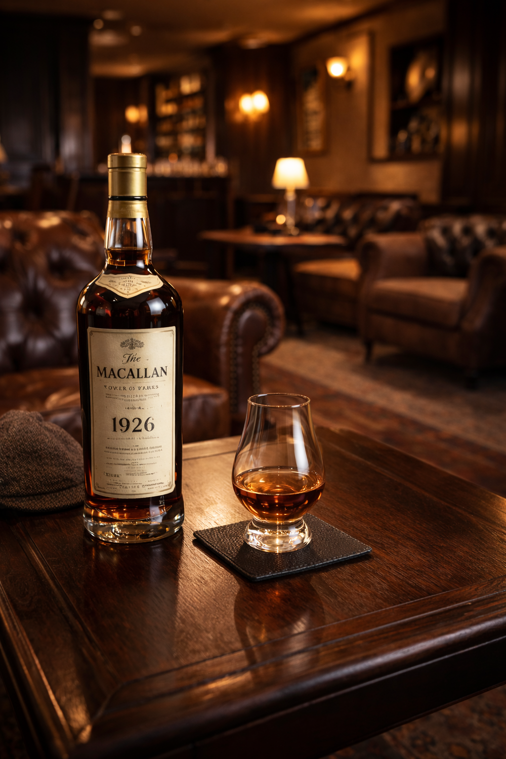 A bottle of The Macallan 1926 whisky and a whisky glass on a wooden table in a cozy, dimly lit lounge with leather armchairs and warm lighting.