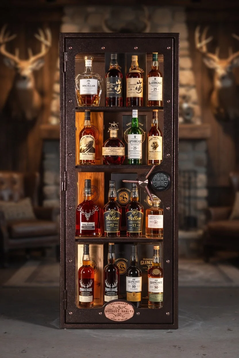 A display case with various bottles of whiskey, including brands like Macallan, Yamazaki, La whisky, and Glenmorangie. The case has a combination of open and closed sections with a digital lock on the front.