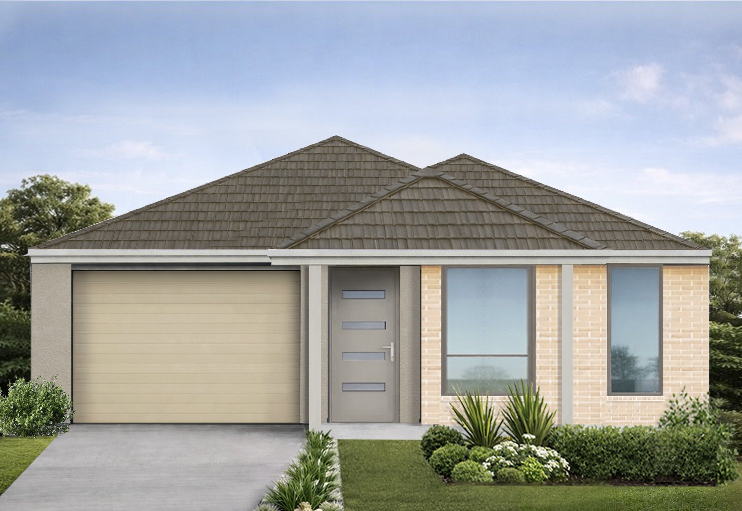 Front view of a modern single-story house with a gray garage door, a light gray front door with horizontal windows, and two large windows on a brick wall. The house has a brown tiled roof and is surrounded by green shrubs and grass.
