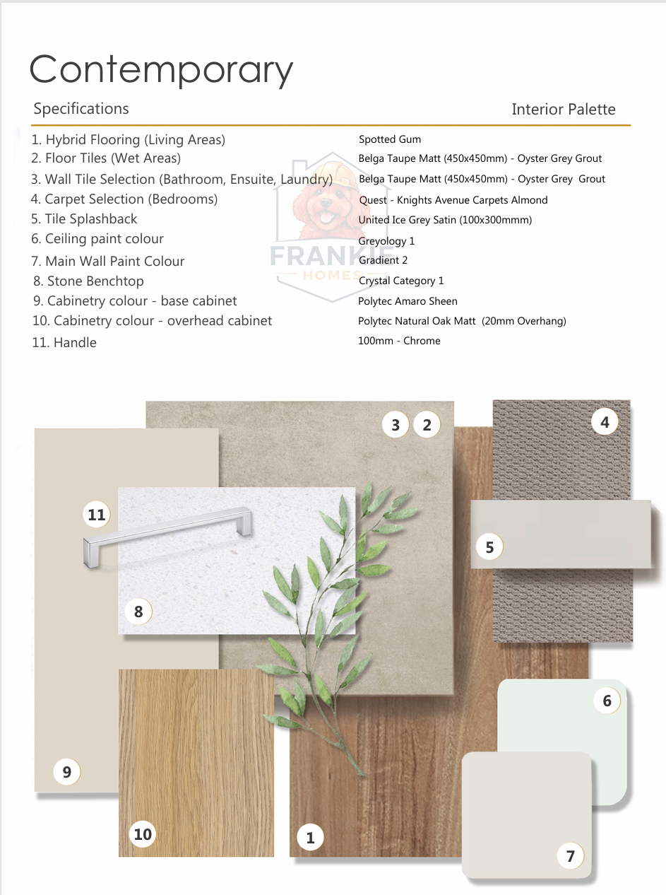 A color palette and material samples for contemporary interior design, including flooring, wall tiles, paint, benchtop, cabinetry, handle, and decorative elements with labels and descriptions.