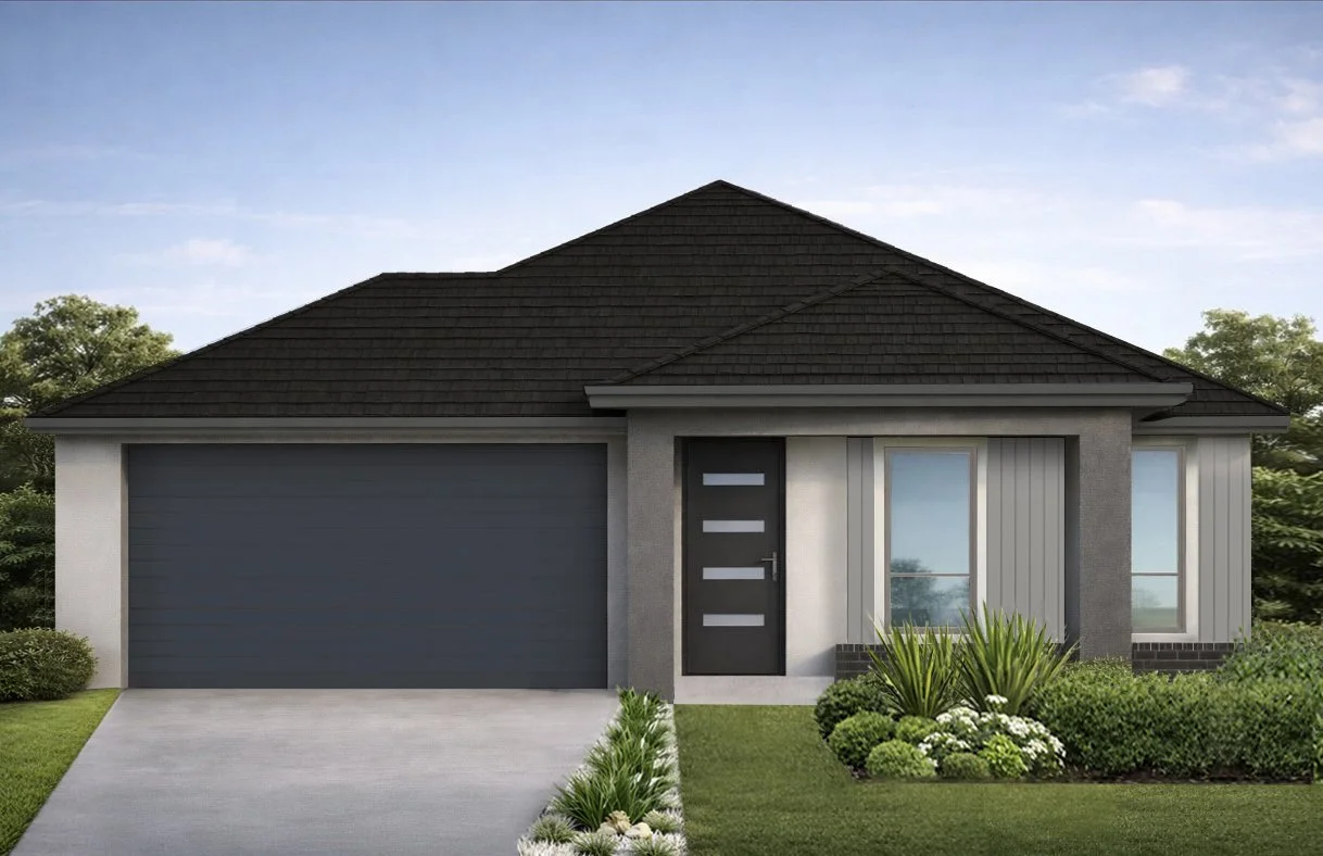 Front view of a modern single-story house with a dark gray garage door, black front door with horizontal glass panels, two large windows, and surrounding landscaping including green grass and plants.