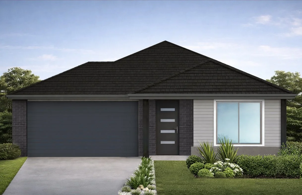 Front view of a modern house with a gray garage door, a black front door with horizontal glass panels, a large window, and a landscaped yard with green bushes and plants.