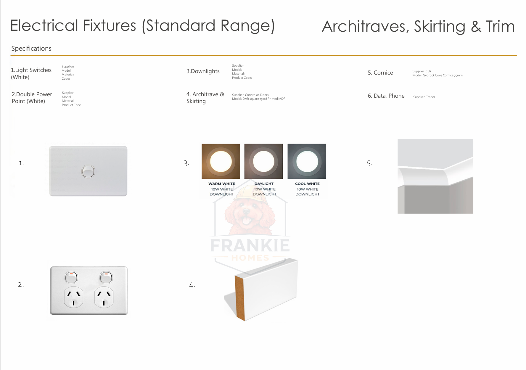 A chart displaying electrical fixtures, including switches, power points, downlights, architraves, skirting, trim, cornice, and data ports, with images, color options, and specifications.