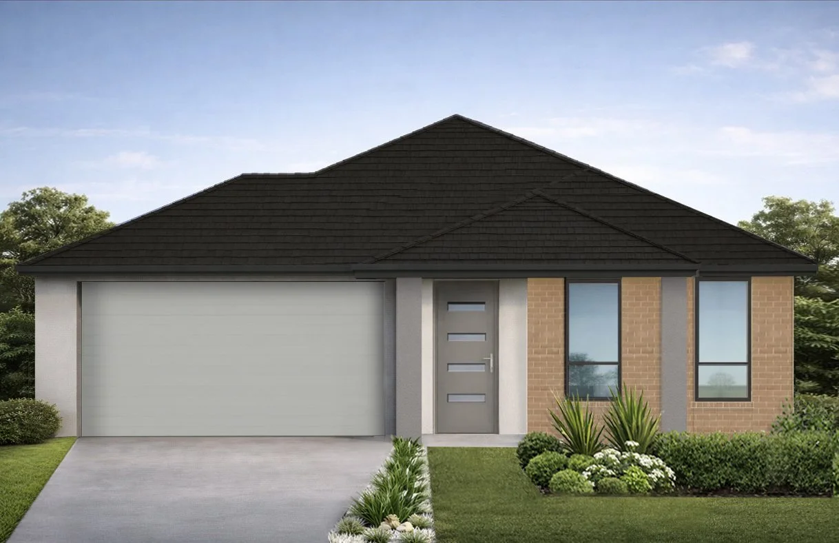 Front view of a modern house with a pitched roof, gray garage door, gray front door with horizontal windows, brick siding, and large front windows with black frames, surrounded by green lawn and plants.