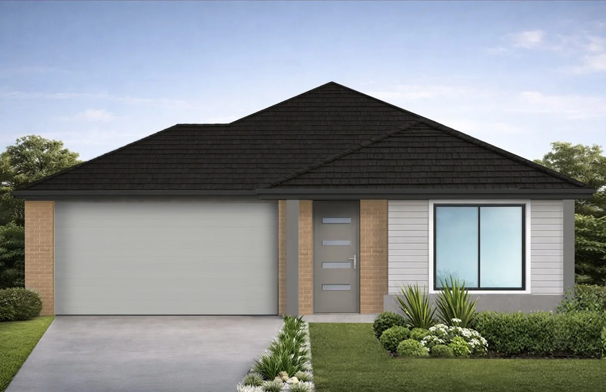 Front view of a modern house with a black roof, grey garage door, and front door. It has brick and grey siding, a large window, and landscaped bushes and plants in front.