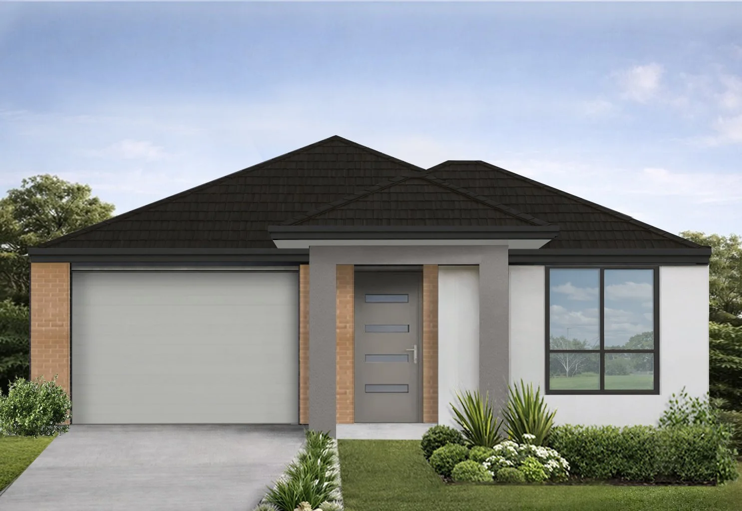 Modern suburban house with a gray front door, large window, attached garage, and landscaped front yard.