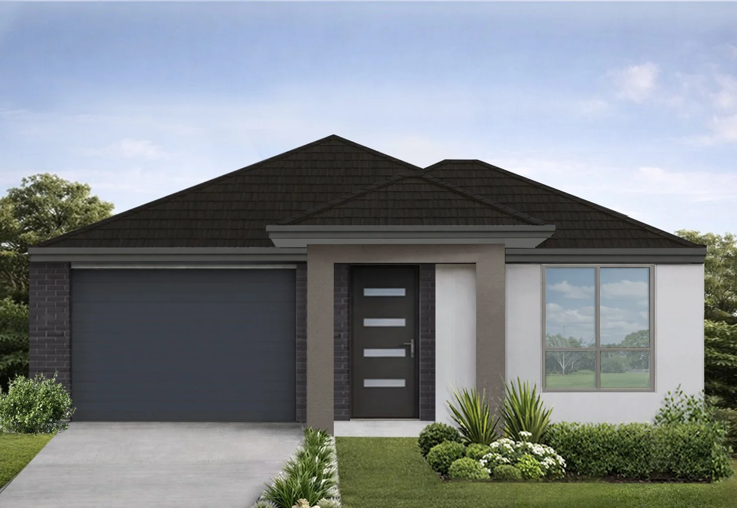 Modern single-story house with dark roof, gray garage door, black front door with horizontal glass panels, white walls, large window, and landscaped front yard with green plants and shrubs