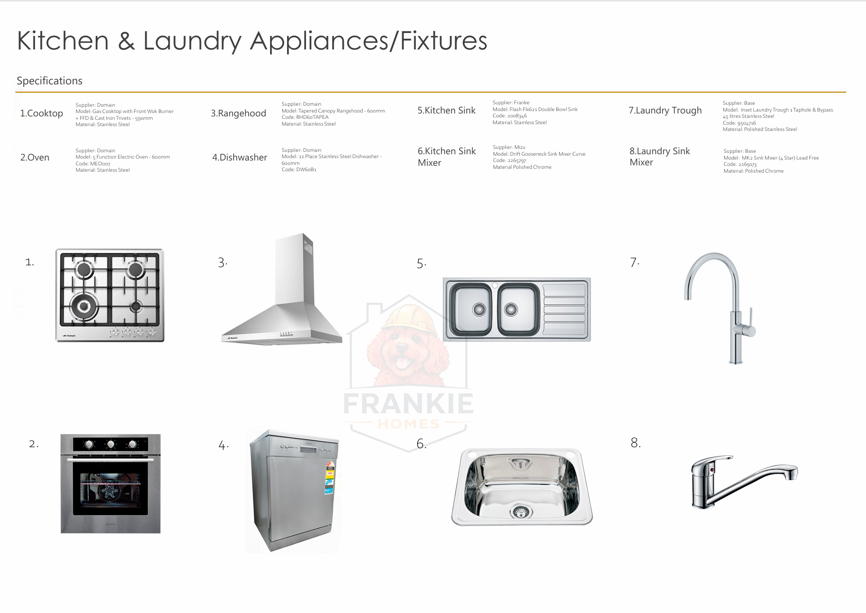 Diagram of kitchen and laundry appliances including a gas cooktop, electric oven, rangehood, refrigerator, two kitchen sinks, dishwasher, laundry trough, and kitchen sink faucet.