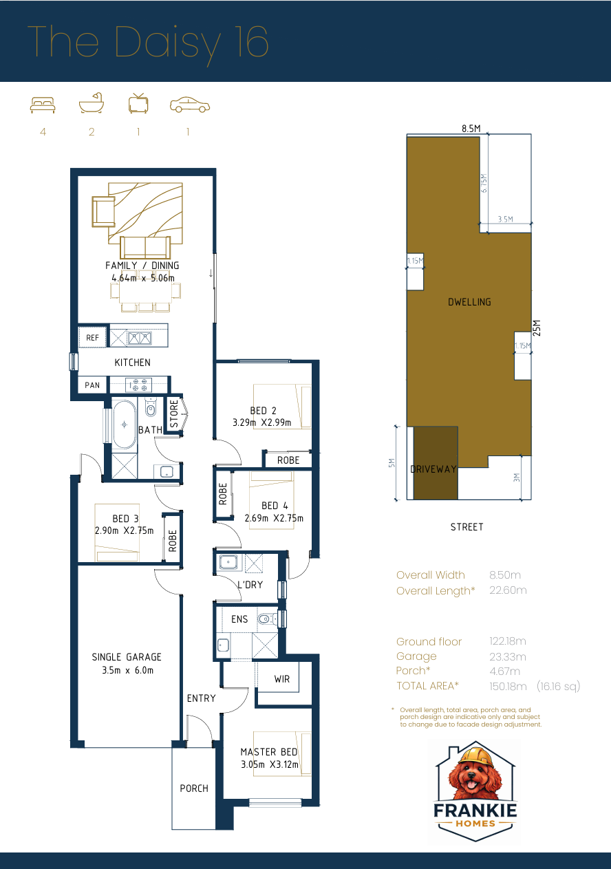 Floor plan of a house titled "The Daisy 16", showing various rooms including master bedroom, three additional bedrooms, kitchen, family/dining room, bathroom, laundry, en-suite, and garage. It includes measurements for each room, a site plan with the dwelling, driveway, and street, and a color legend with property dimensions. The house features a porch, single garage, and multiple closets and storage spaces.