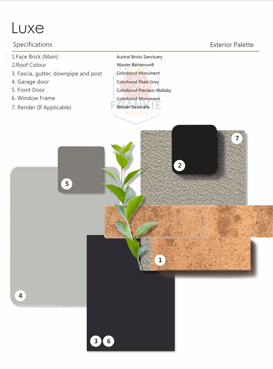 Sample exterior color palette with labeled materials: face brick, roof color, fascia and gutter, garage door, front door, window frame, and render.