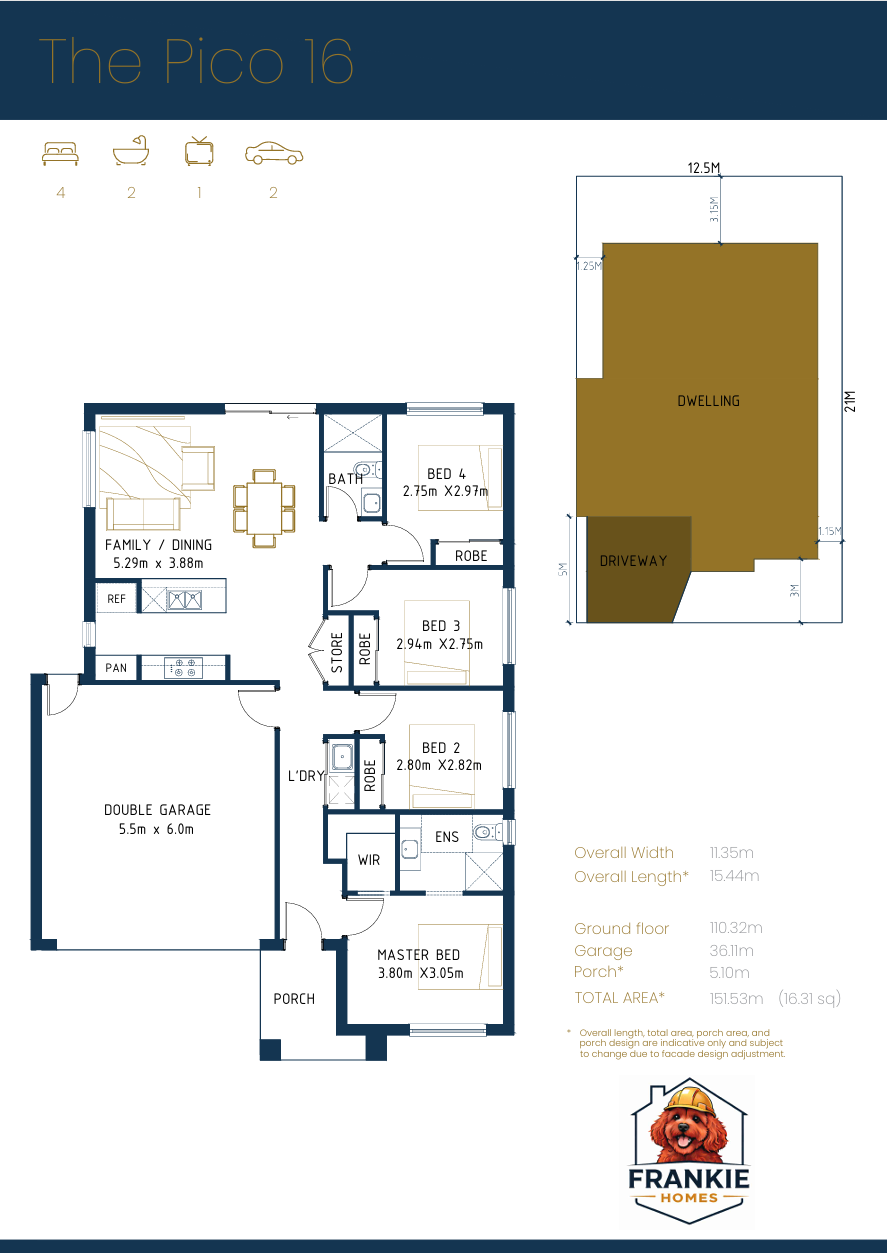 Floor plan of a house with dimensions, showing rooms labeled as Family/Dining, Bed 4, Bed 3, Bed 2, Master Bed, bathrooms, kitchen area, double garage, porch, and yard.