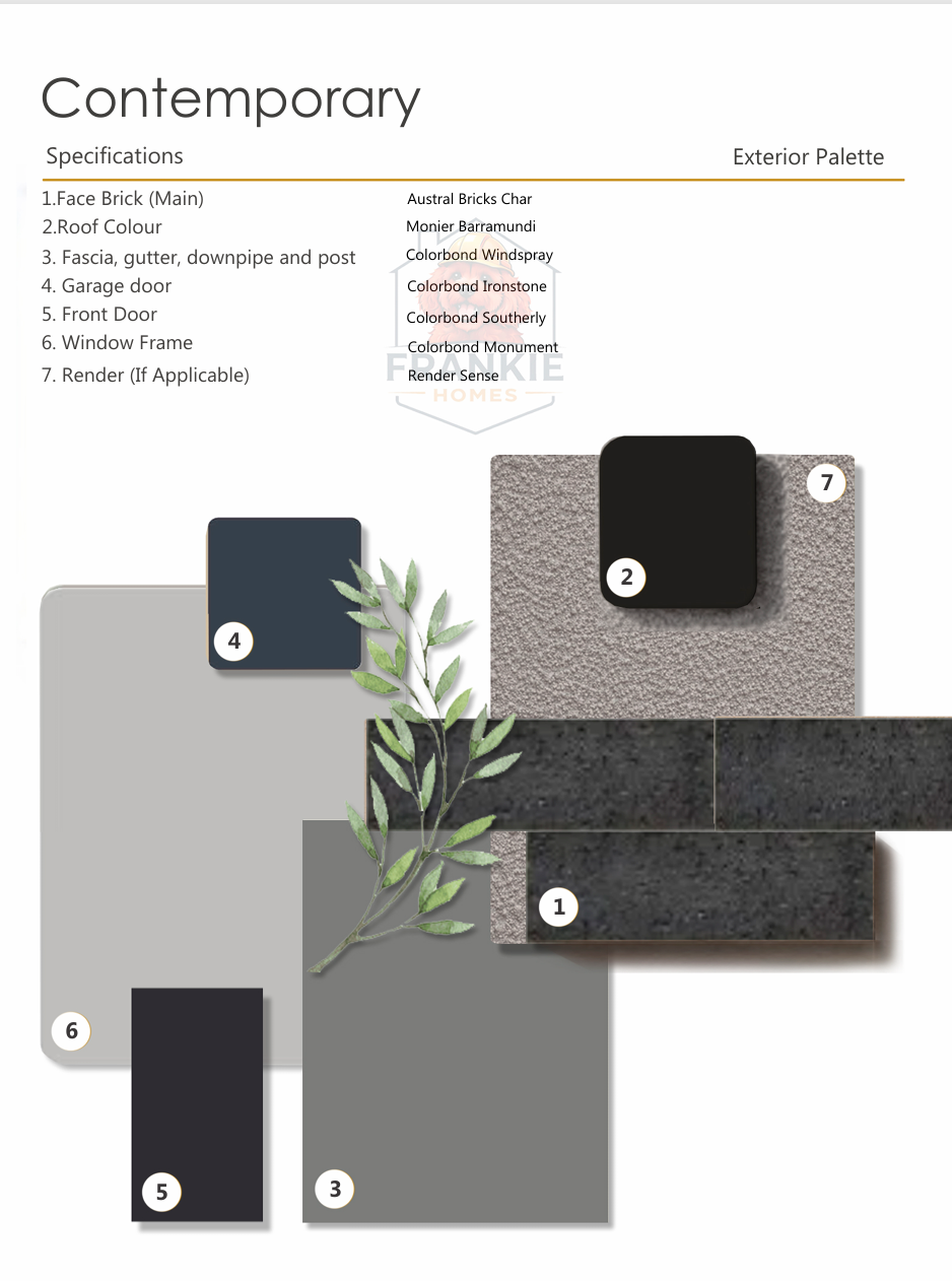 Swatches of building exterior materials, including face brick, roof color, fascia, gutter and downpipe, garage door, front door, window frame, and render, labeled with corresponding numbers.