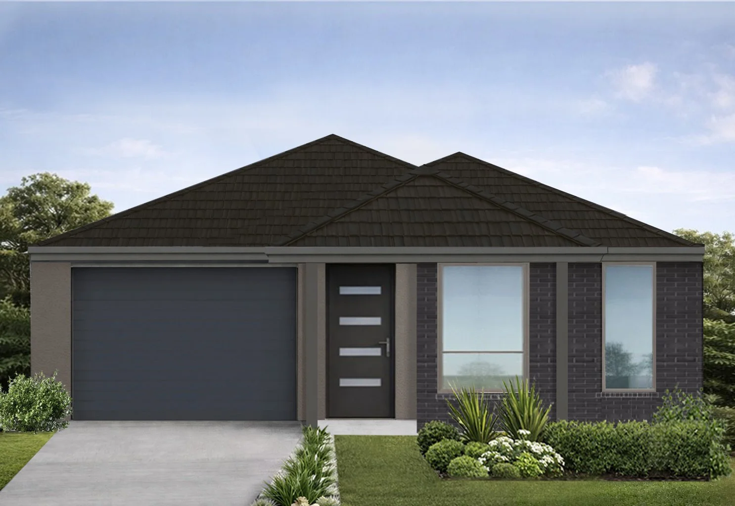 Modern house with dark brick exterior, gray garage door, black front door with horizontal windows, and large front windows, surrounded by green landscaping.