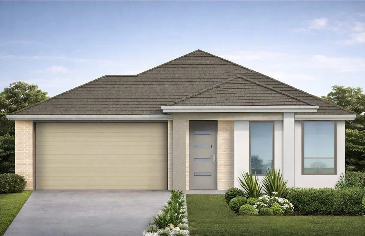 Front view of a modern house with a two-car garage, gray front door with horizontal glass panels, large windows, well-maintained lawn, and landscaped bushes, under a blue sky.