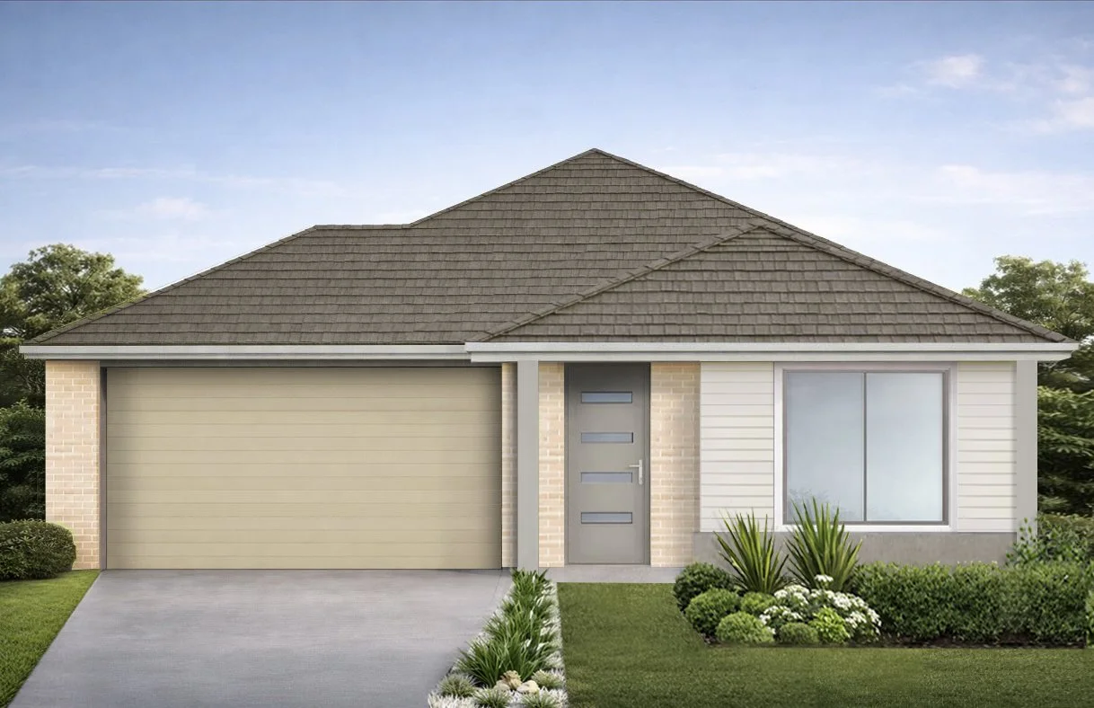 Front view of a modern house with a brown shingle roof, beige garage door, grey front door with horizontal windows, white siding, large front window, and green landscaping with shrubs and grass.