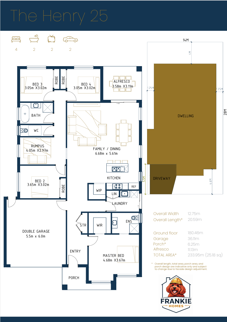 Floor plan of a house named The Henry 25, showing rooms including master bedroom, three additional bedrooms, family/dining area, kitchen, laundry, rumpus room, bathroom, WC, two-car garage, porch, and alfresco, with measurements and layout details.