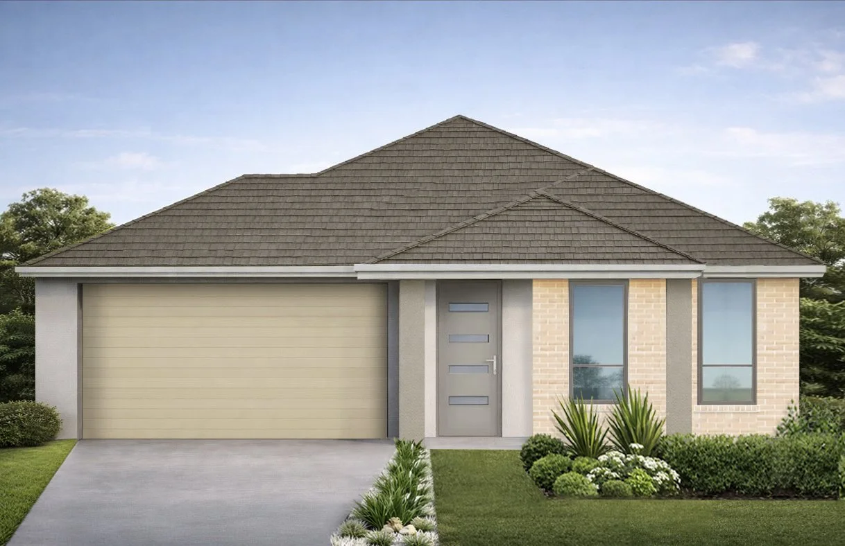 Front view of a modern single-story house with a beige garage door, gray front door, and two large windows, surrounded by green lawn and plants, under a blue sky.