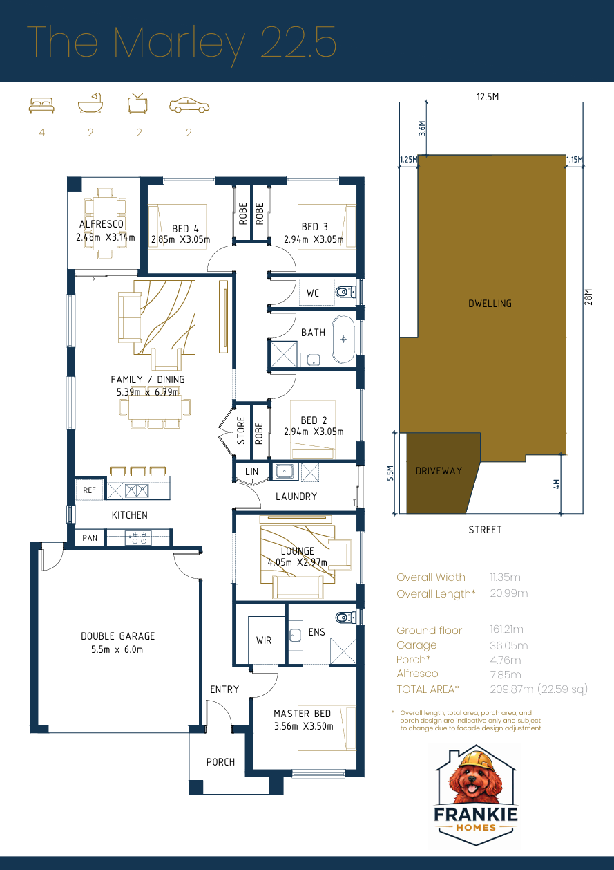 Floor plan of a house named 'The Marley 22.5' showing various rooms including a master bedroom, three additional bedrooms, kitchen, family/dining area, lounge, laundry, bathrooms, storage, and garage, with outdoor areas such as an alfresco, porch, and driveway, along with measurements and a site layout.