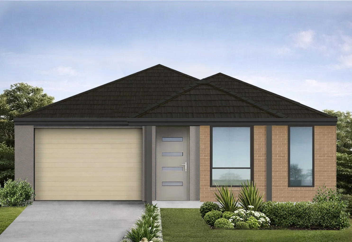 Front view of a modern house with a garage, grey door with horizontal glass inserts, brick walls, large front window, black roof, and landscaped garden with shrubs and grass.