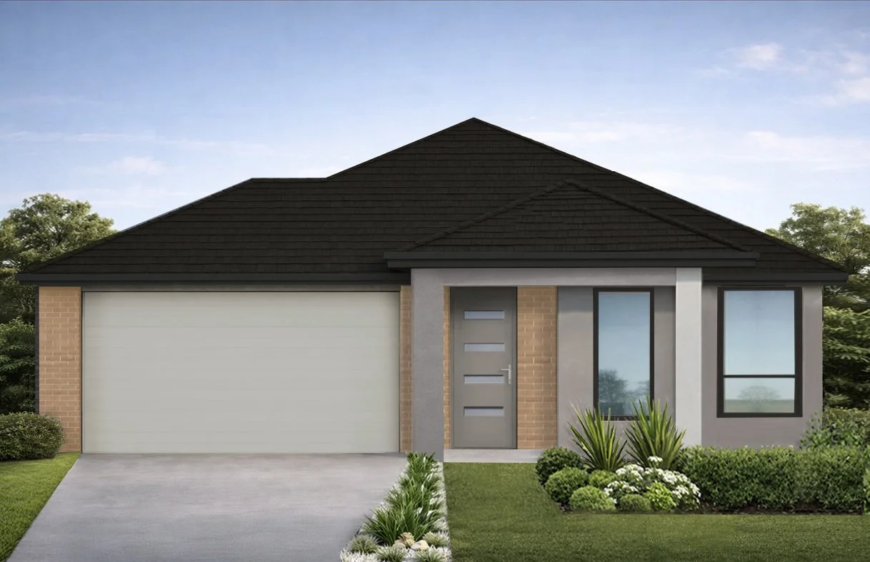 Front view of a modern single-story house with a black roof, gray exterior walls, and large windows, surrounded by a lawn and landscaping.