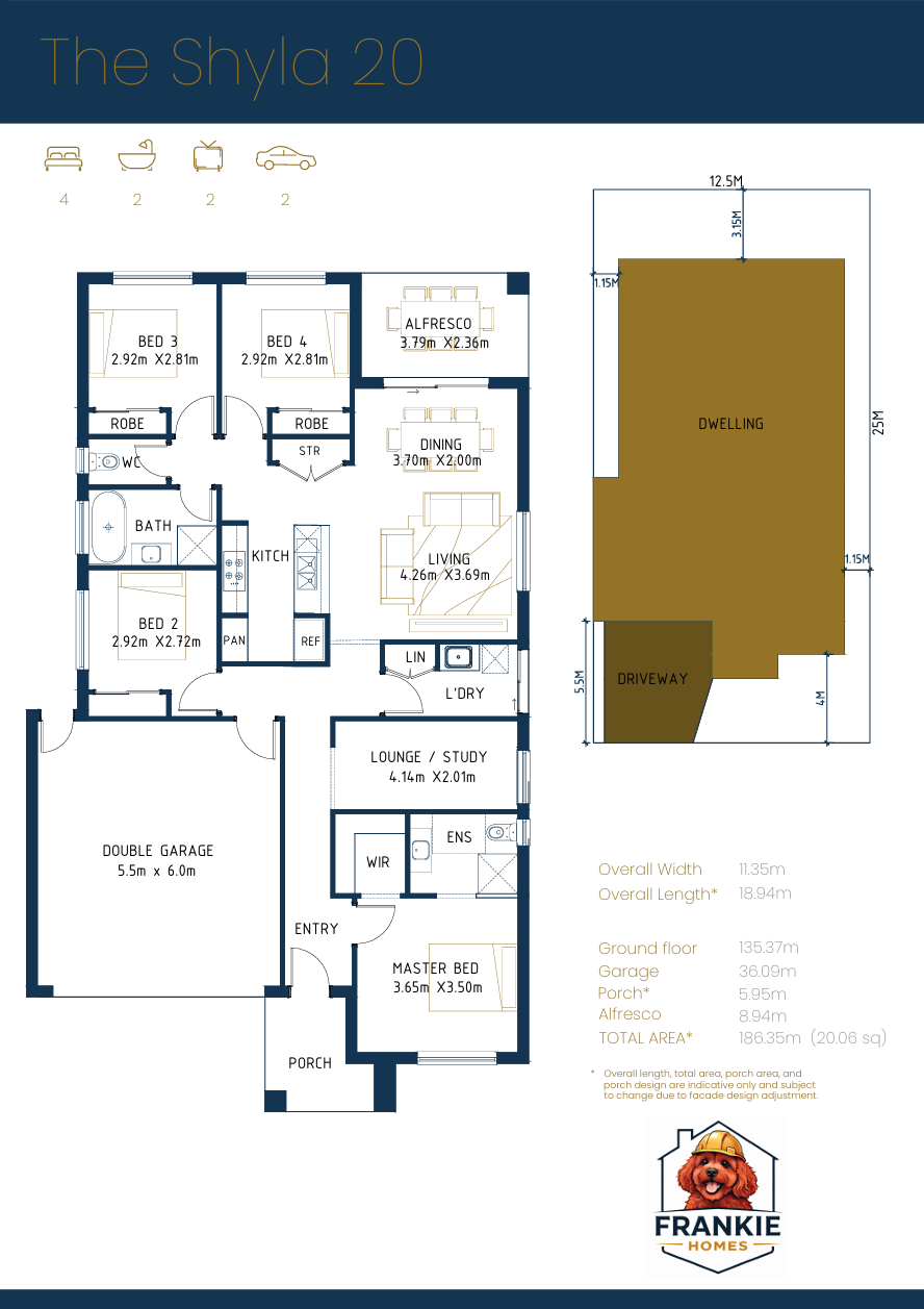 Floor plan of a house named 'The Shyla 20' showing rooms including a master bedroom, three additional bedrooms, a lounge/study, kitchen, dining area, living room, bathroom, laundry, alfresco area, double garage, porch, and driveway. Dimensions and labels for each area are provided in meters.