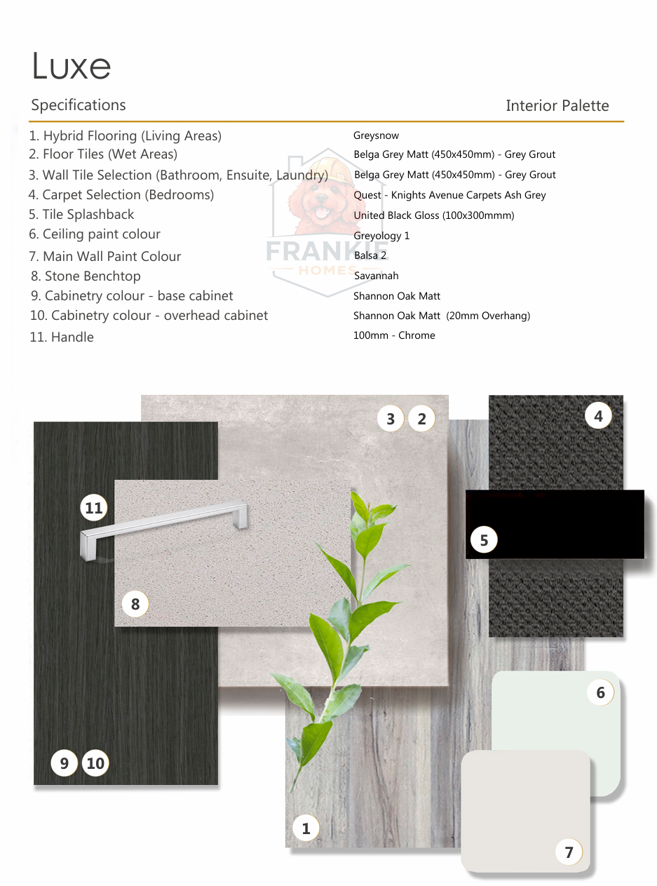 A color palette and material sample board for a luxurious interior design, including flooring, tiles, paint colors, cabinetry, and hardware.