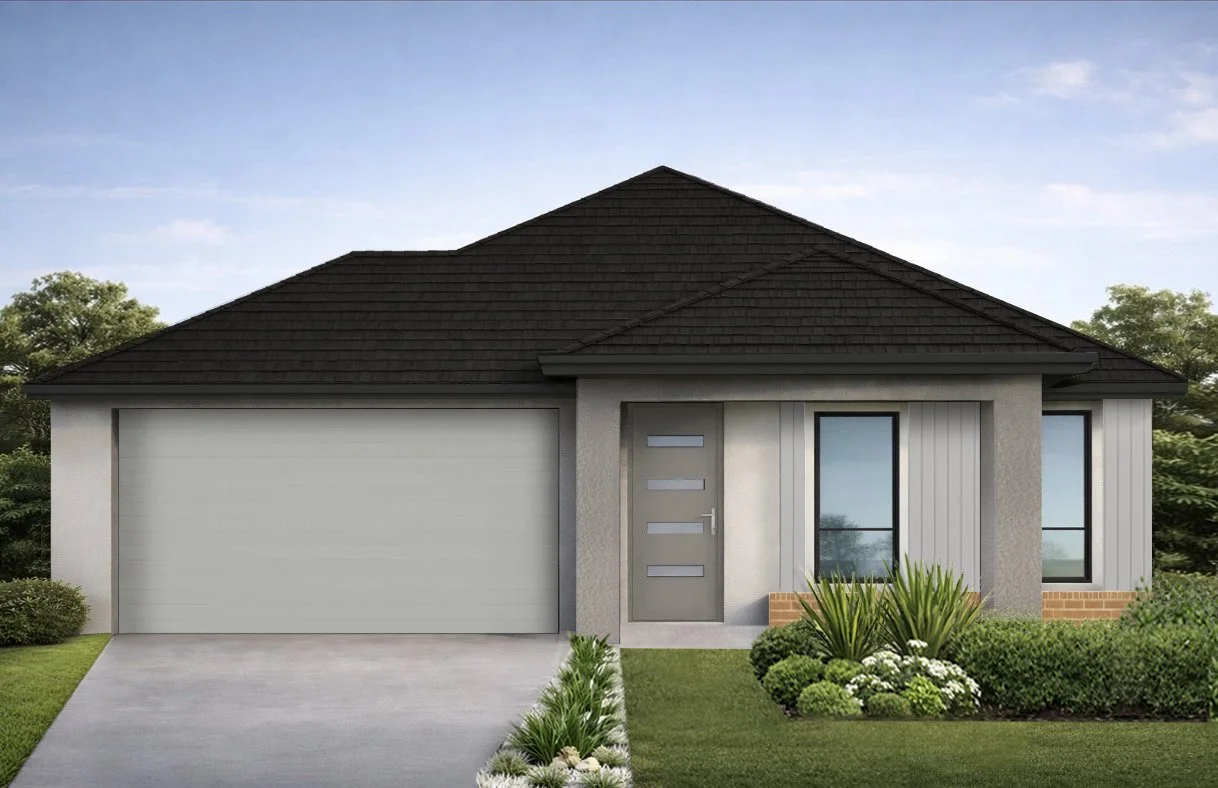 Modern single-story house with a dark gray roof, light gray walls, a gray front door with horizontal windows, a large garage door, and front yard landscaping with bushes and green plants.