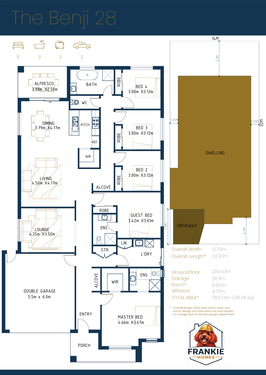 Floor plan of The Benji 28 house, showing various rooms including bedrooms, kitchen, living room, dining area, bathrooms, laundry, and garage, with measurements and labels.