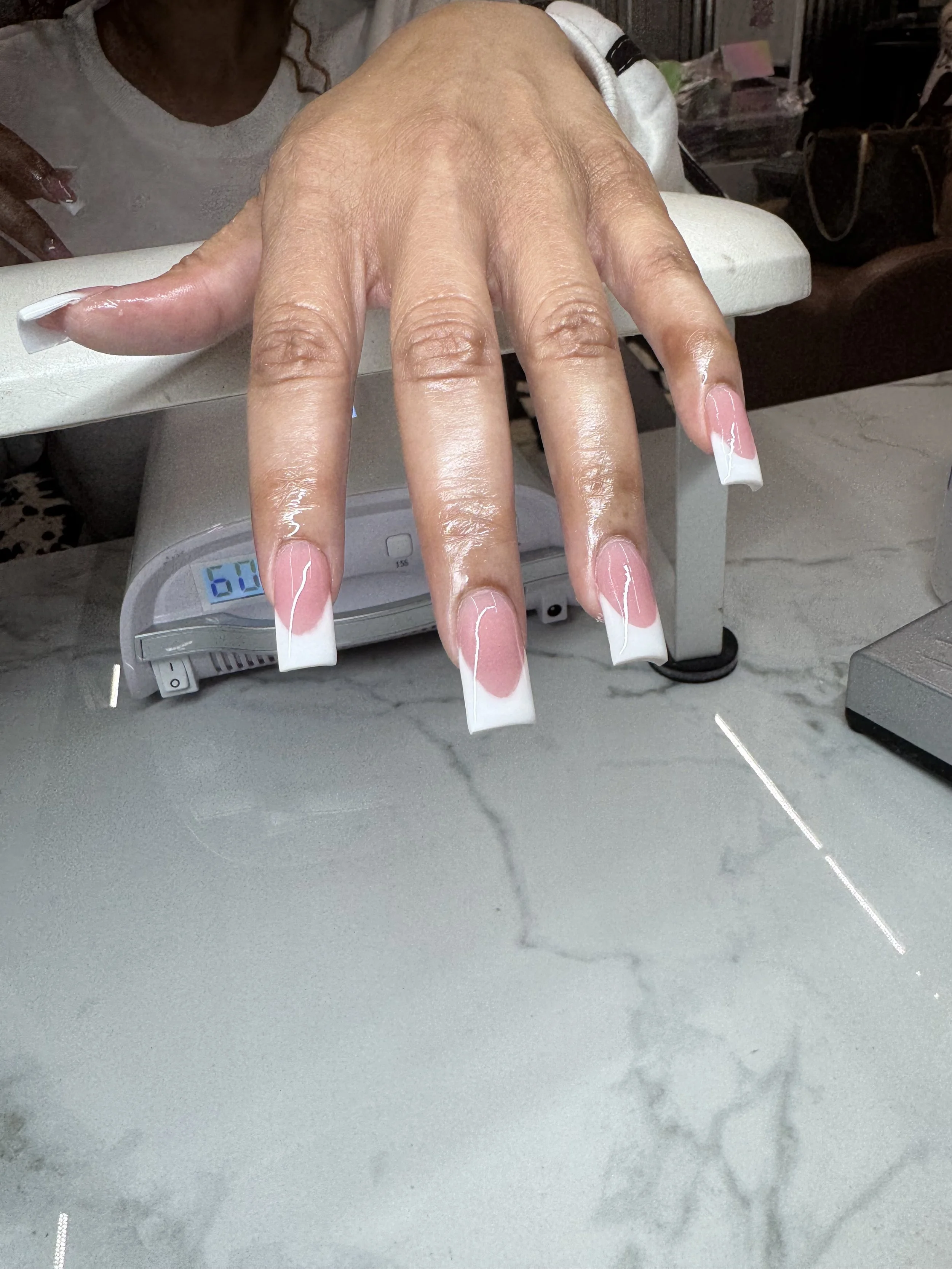 classic pink and white acrylic nails