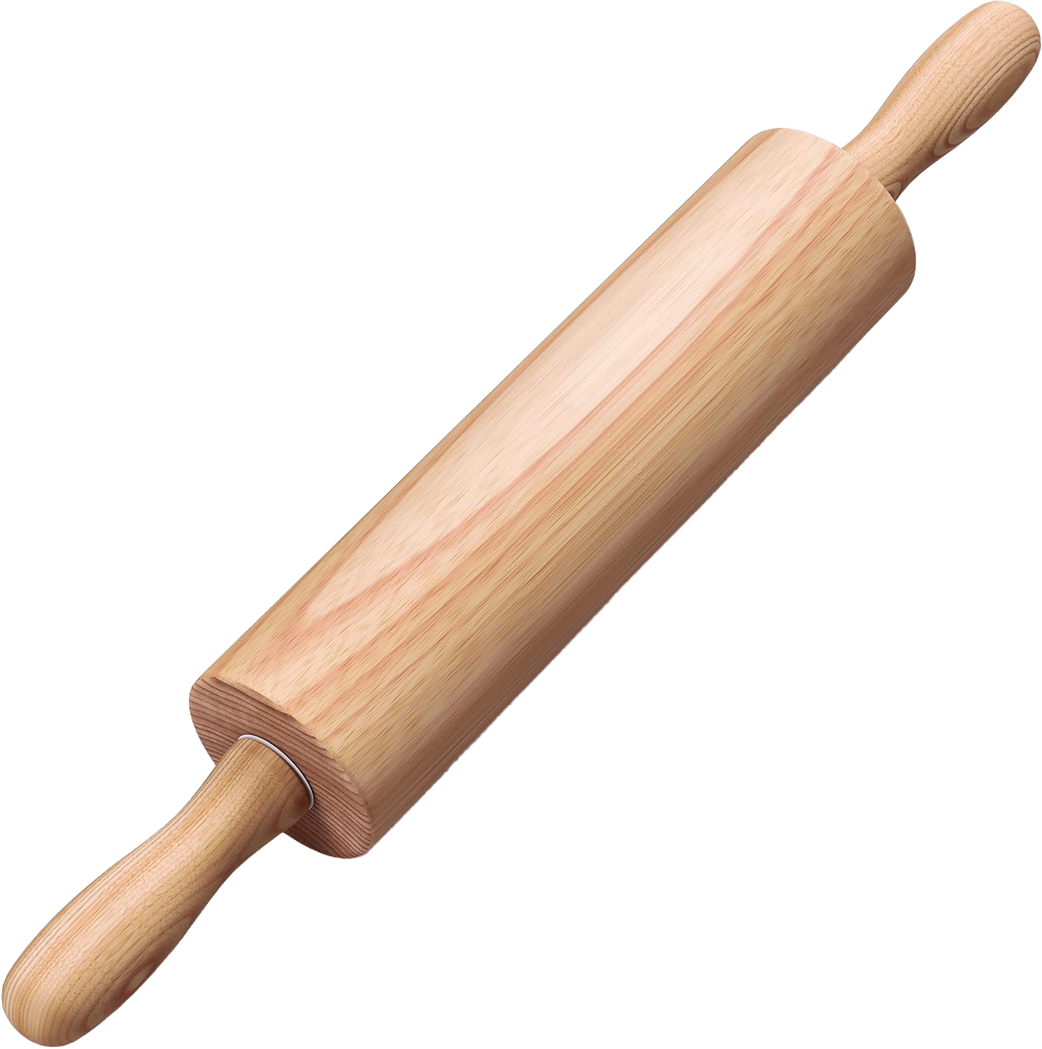 Wooden rolling pin on a plain background.