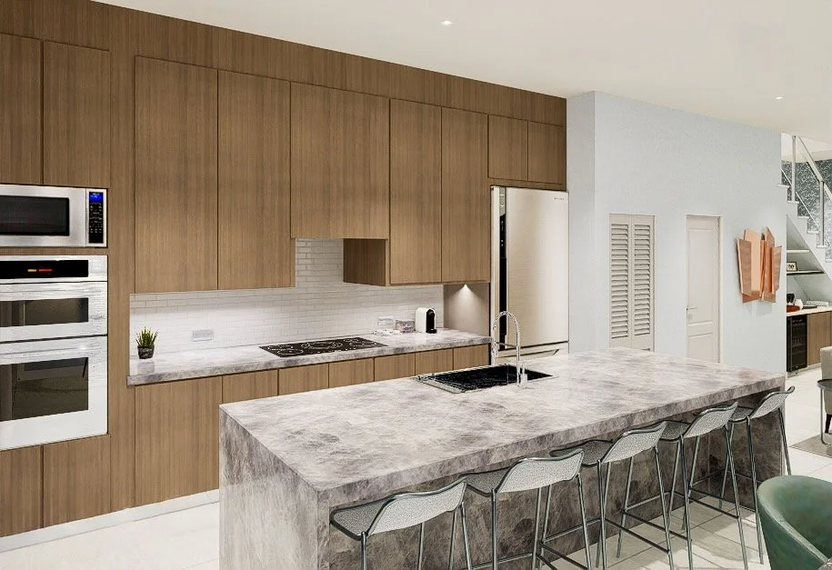 Modern kitchen with wood cabinets, marble island, built-in appliances, and white subway tile backsplash.