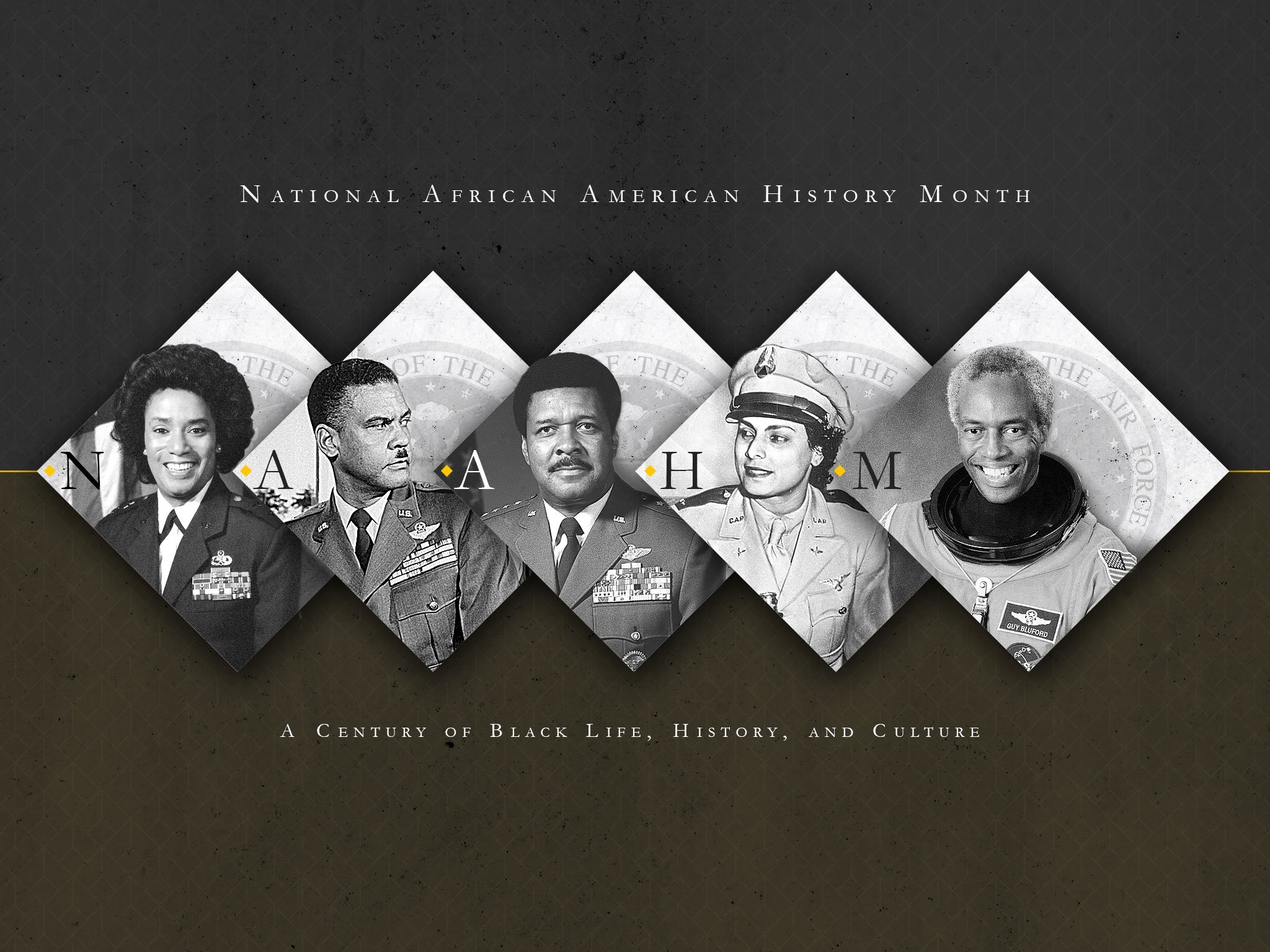 Poster celebrating Black History Month featuring five Black military personnel in uniform, arranged in a line with diamond-shaped background elements and text highlighting a century of Black life, history, and culture.