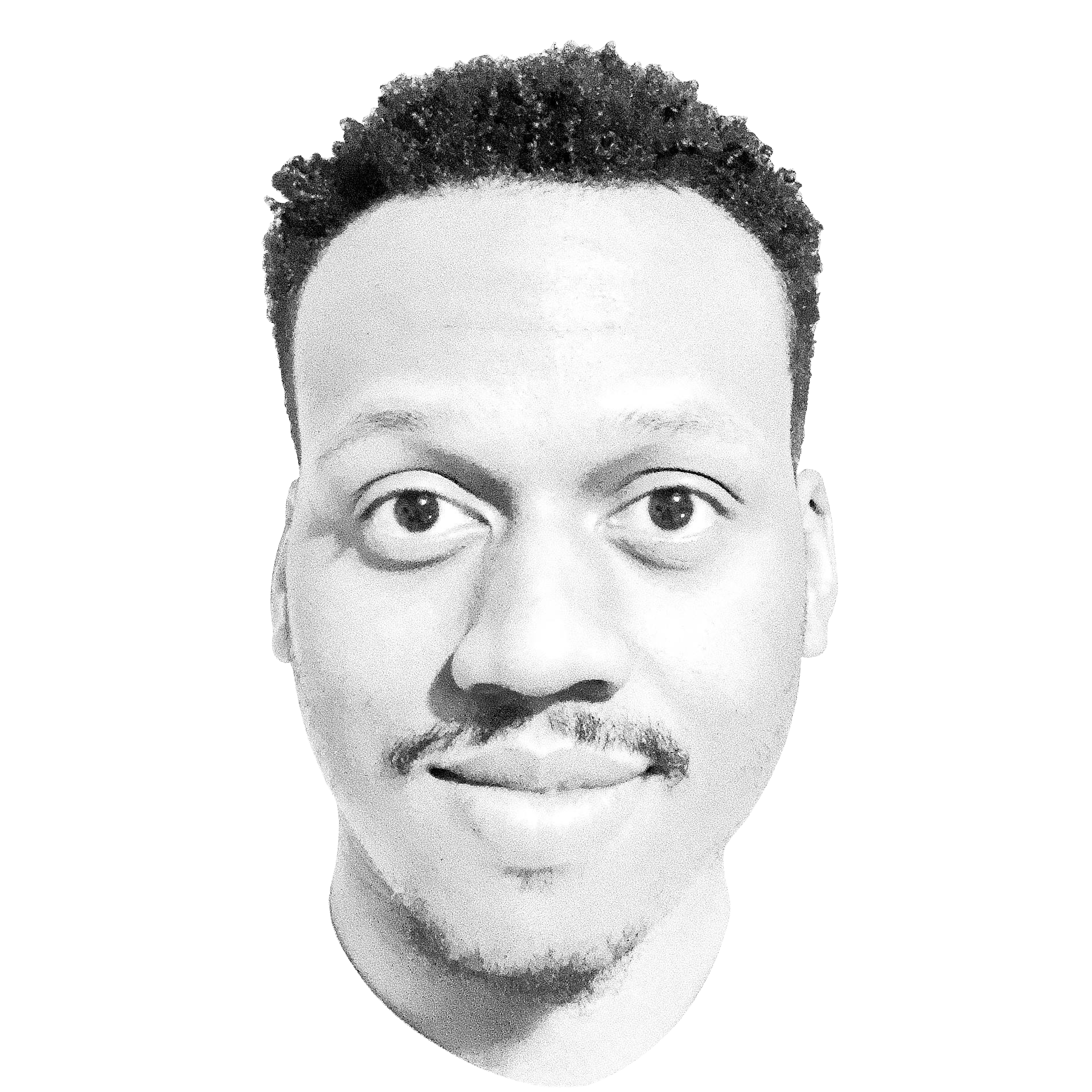Black and white close-up portrait of a man with short curly hair, a mustache, and a slight smile.