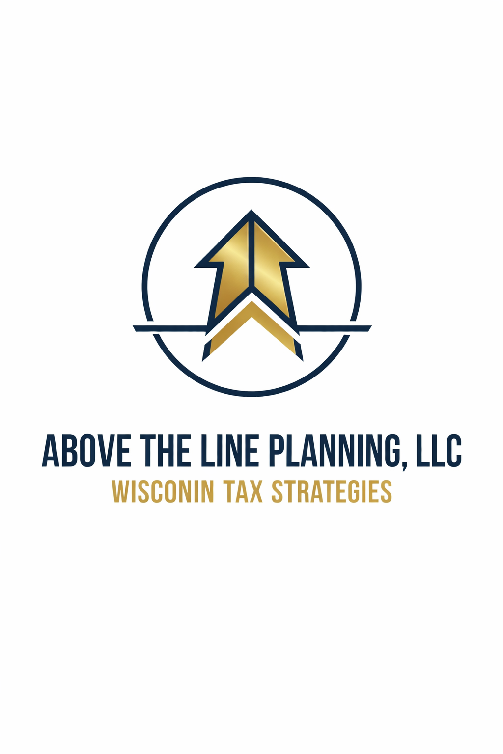 Logo of Above the Line Planning, LLC featuring a stylized arrow pointing upward in gold and navy within a circle, with the company name and 'Wisconsin Tax Strategies' written below.
