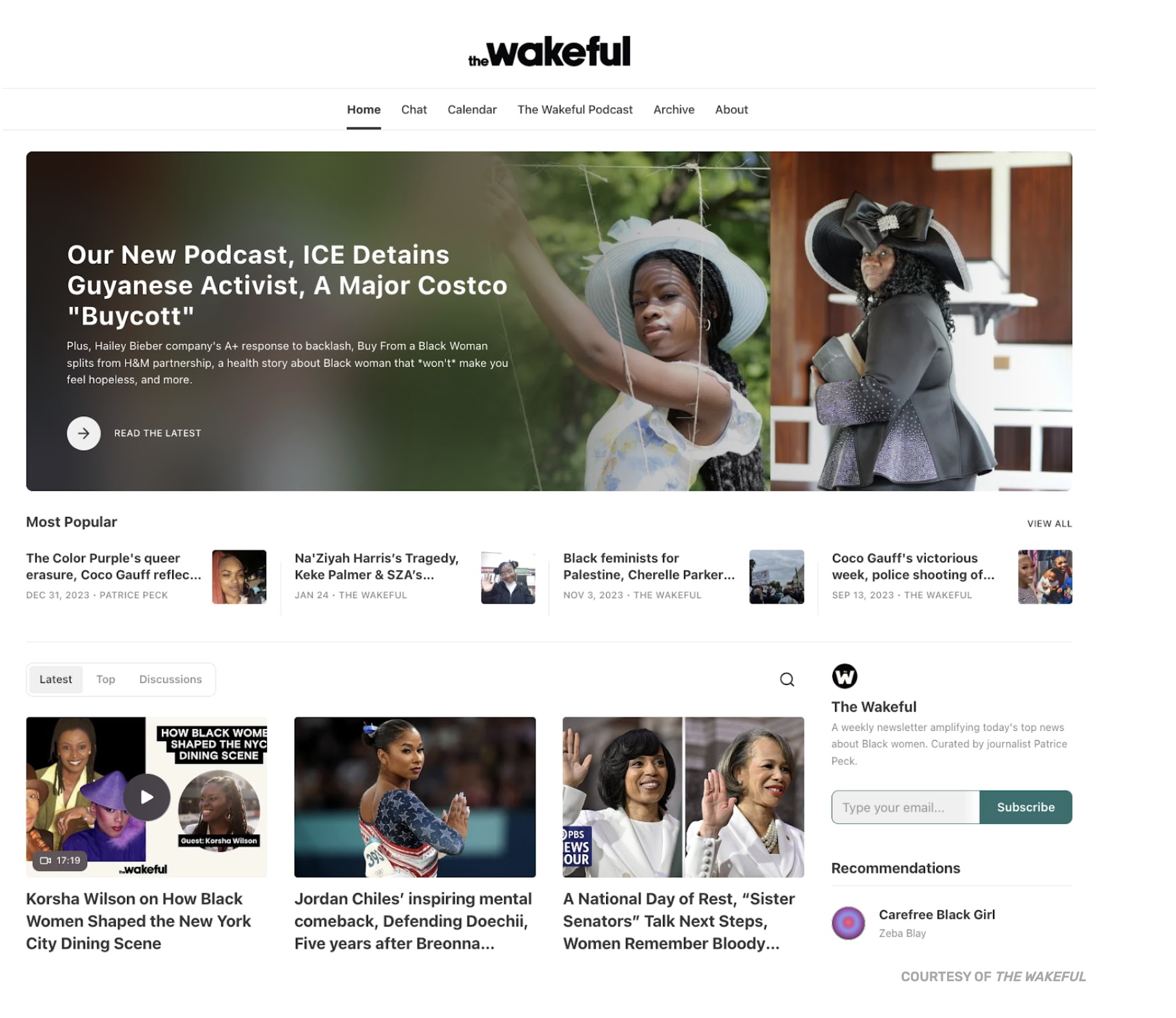 Screenshot of The Wakeful website homepage featuring a large banner with a woman in a white hat holding a balloon, and another woman in a black outfit and hat. The menu bar includes links: Home, Chat, Calendar, The Wakeful Podcast, Archive, About. Below, articles and videos about Black women, activism, and culture are displayed.