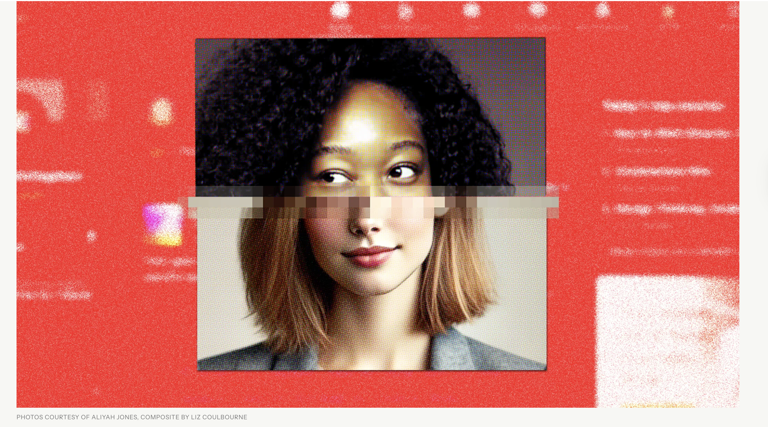 A composite image of two women. The top woman has dark curly hair and is looking to the side. The bottom woman has straight, shoulder-length hair and is smiling directly at the camera. The background is red with blurred bright spots, and there are pixelation glitches on the image.