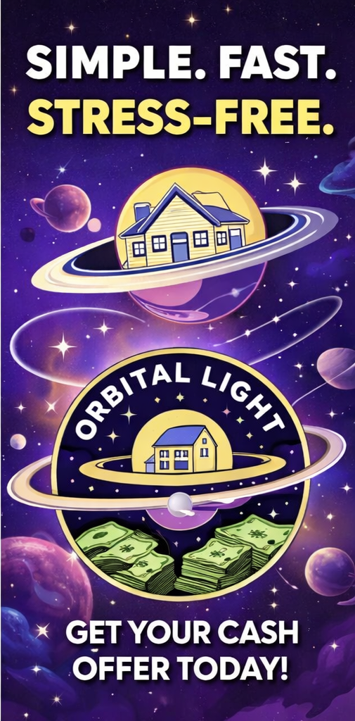 Promotional graphic with space theme. It features three houses, one on a planet, one orbiting with a ring around it, and a smaller house below connected by orbital lines. The background is purple with stars and planets. The text reads: "Simple. Fast. Stress-Free. Orbital Light. Get your cash offer today!"