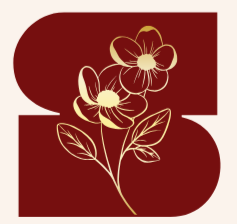 Outline of flowers and leaves on a maroon background.