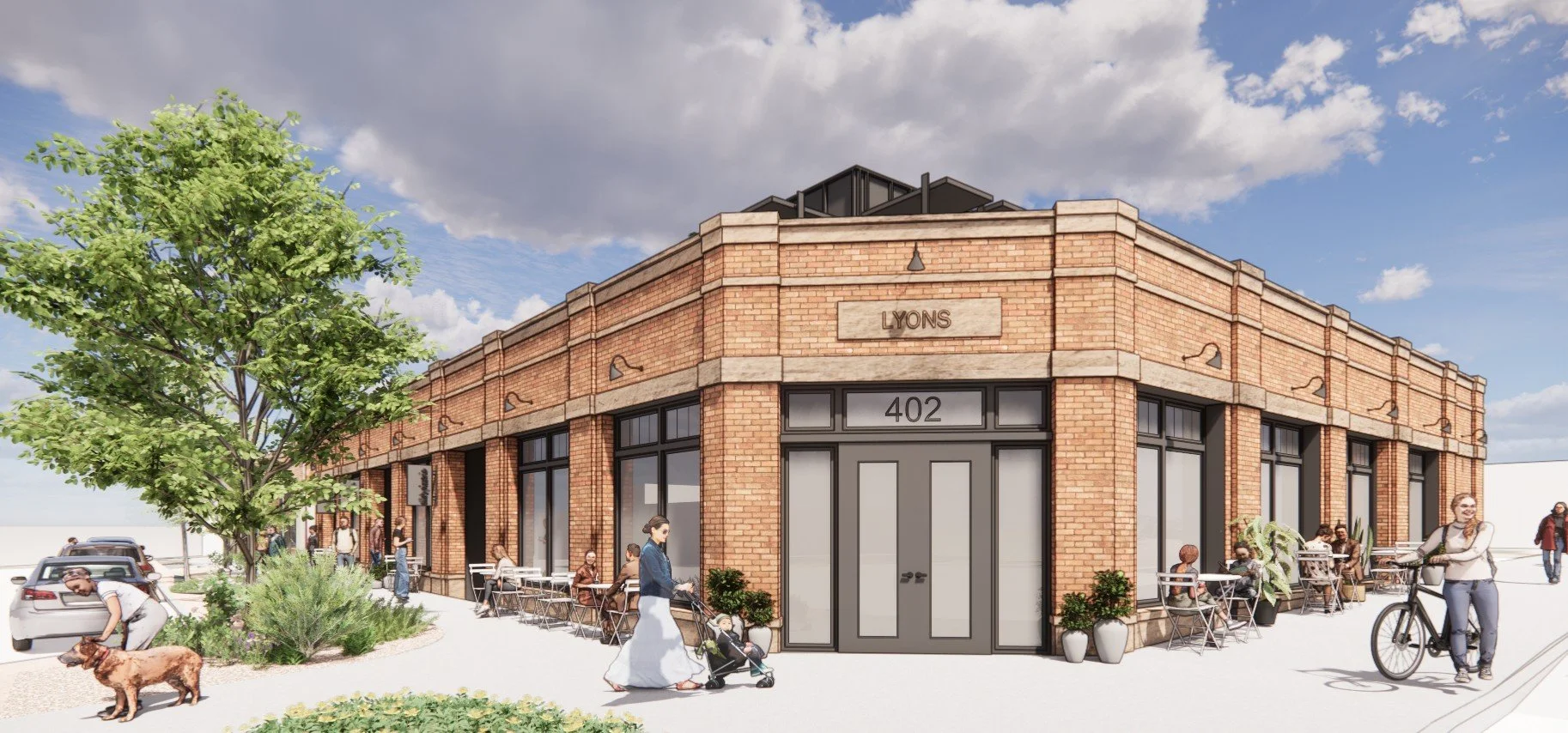 Corner of the new 402 Main Street building in downtown Lyons, Colorado
