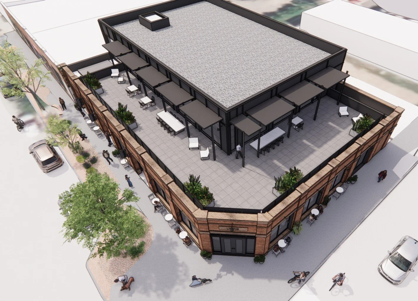 Aerial view of the rooftop patio and pavilion at 402 Main Street