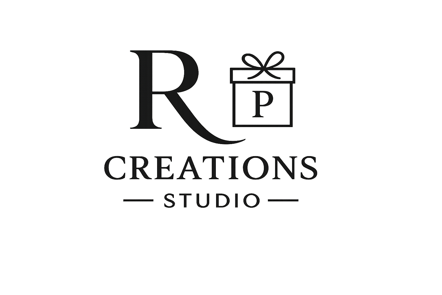 Logo for R Creations Studio featuring a large 'R' and a gift box with a bow and the letter 'P' on it, with the words 'Creations Studio' beneath.