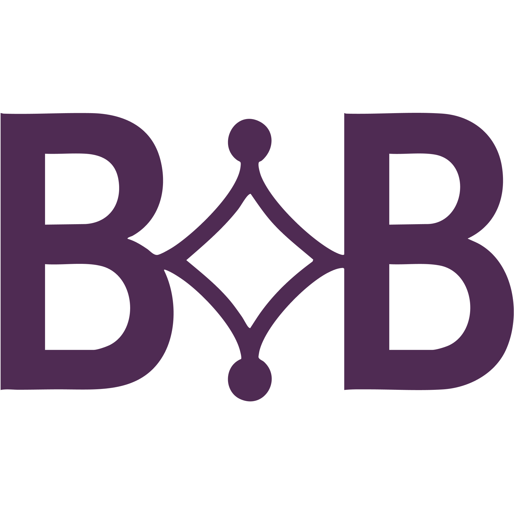 Stylized logo with large purple letters 'B' and 'D' connected by a diamond shape and lines with circles, on a black background.