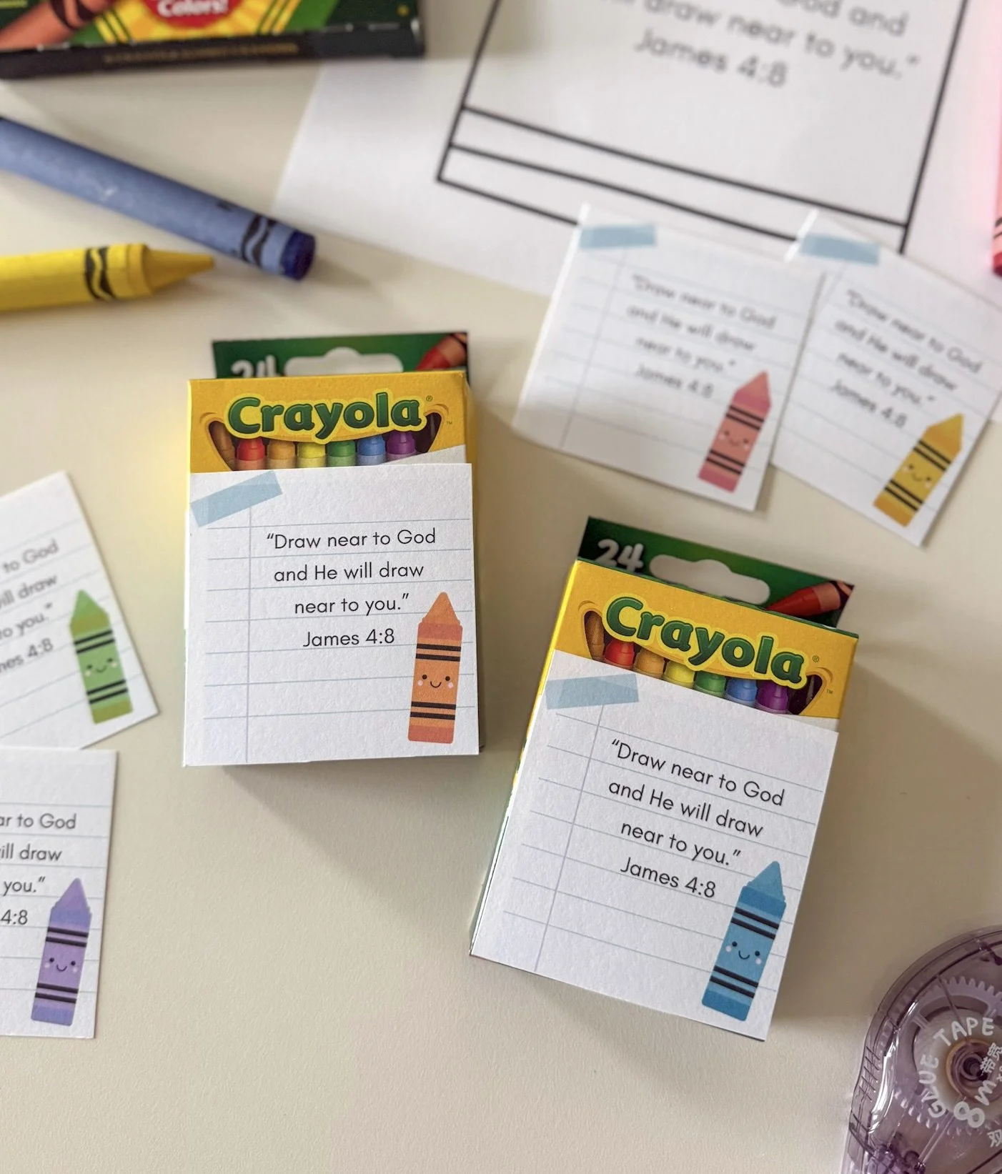 Draw Near to God James 4:8 Crayons Gift Tag and Coloring Page, English and Spanish