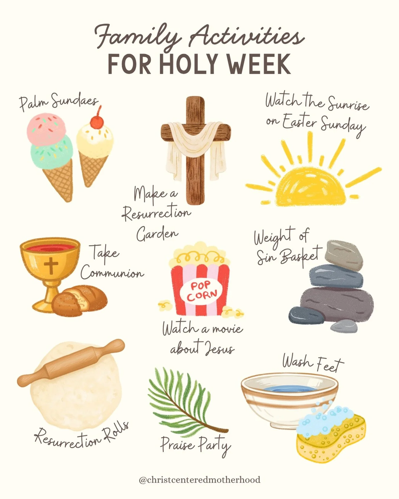 Family Activities for Holy Week 🤍

Palm Sundaes &ndash; Make ice cream sundaes with fun toppings to celebrate Jesus&rsquo; triumphal entry into Jerusalem. You can also use yogurt and fruit. 

Praise Party &ndash; Turn on your favorite worship songs 