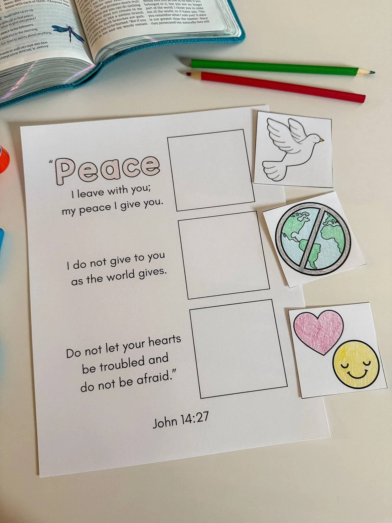 Peace John 14:27 Memory Verse Cut & Paste Activity for Kids, English and Spanish