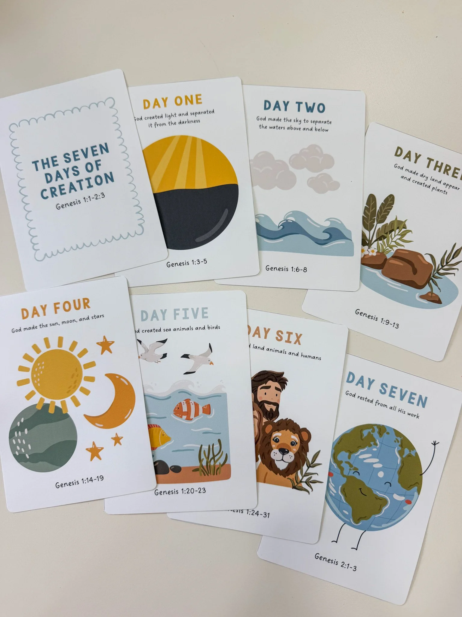 Seven Days of Creation Cards Genesis 1:1-2:3, English and Spanish