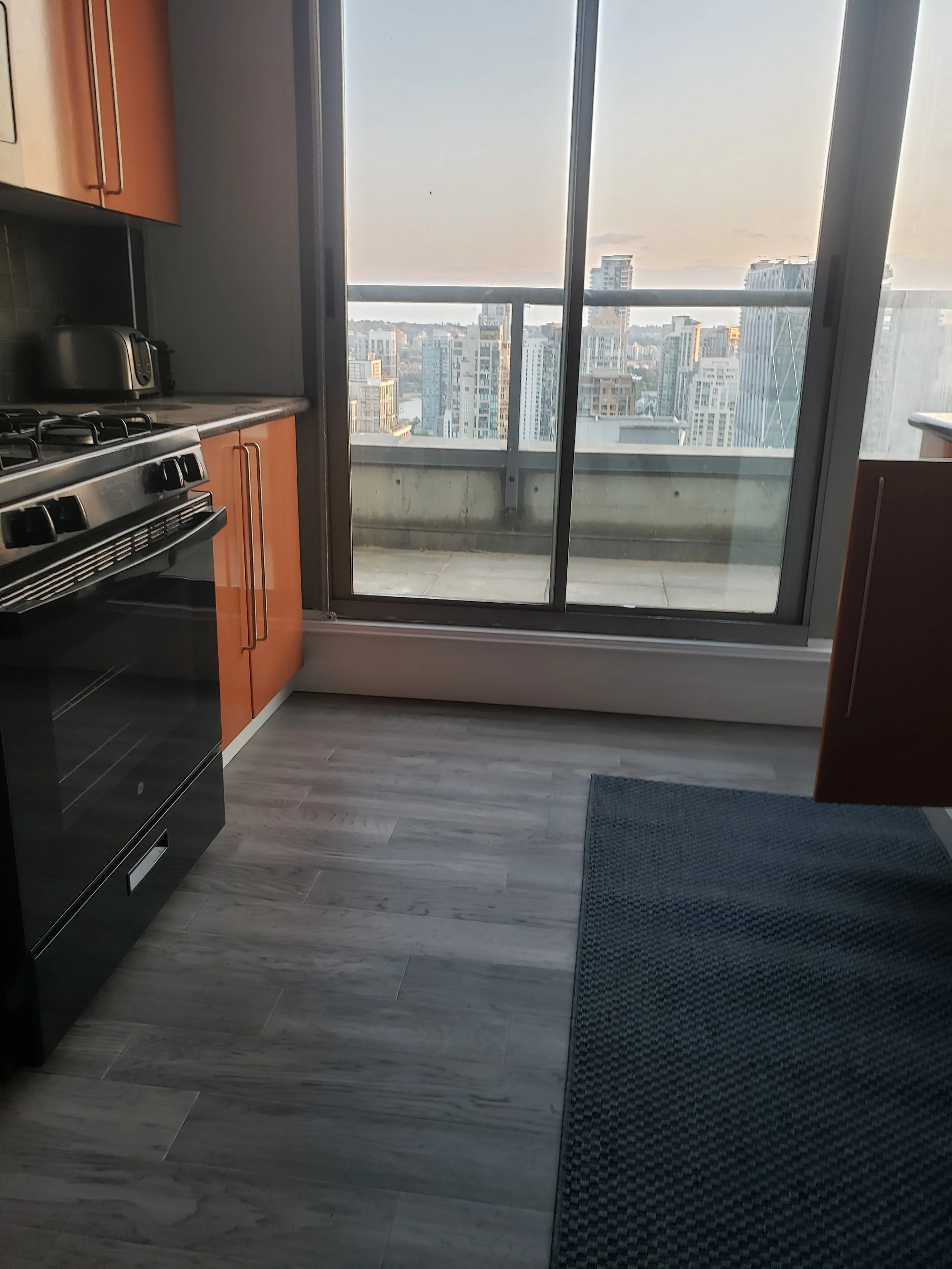 View of a modern kitchen with a gas stove, wooden cabinets, a small black appliance, and a sliding glass door leading to a balcony with a cityscape view of tall buildings and a river in the distance.